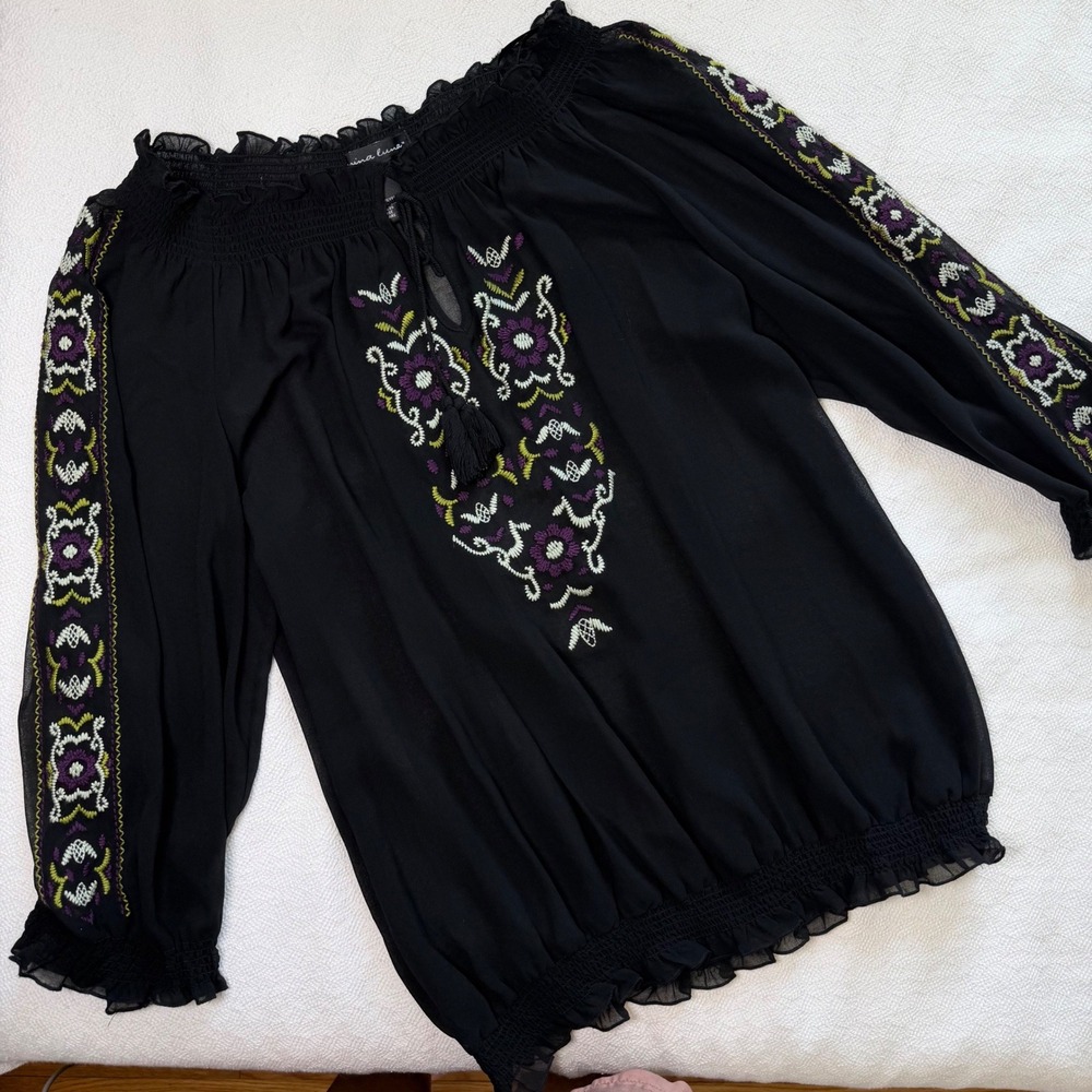 Marina Luna Black Embroidered Boho Peasant Top Off Shoulder Sheer Tassel M